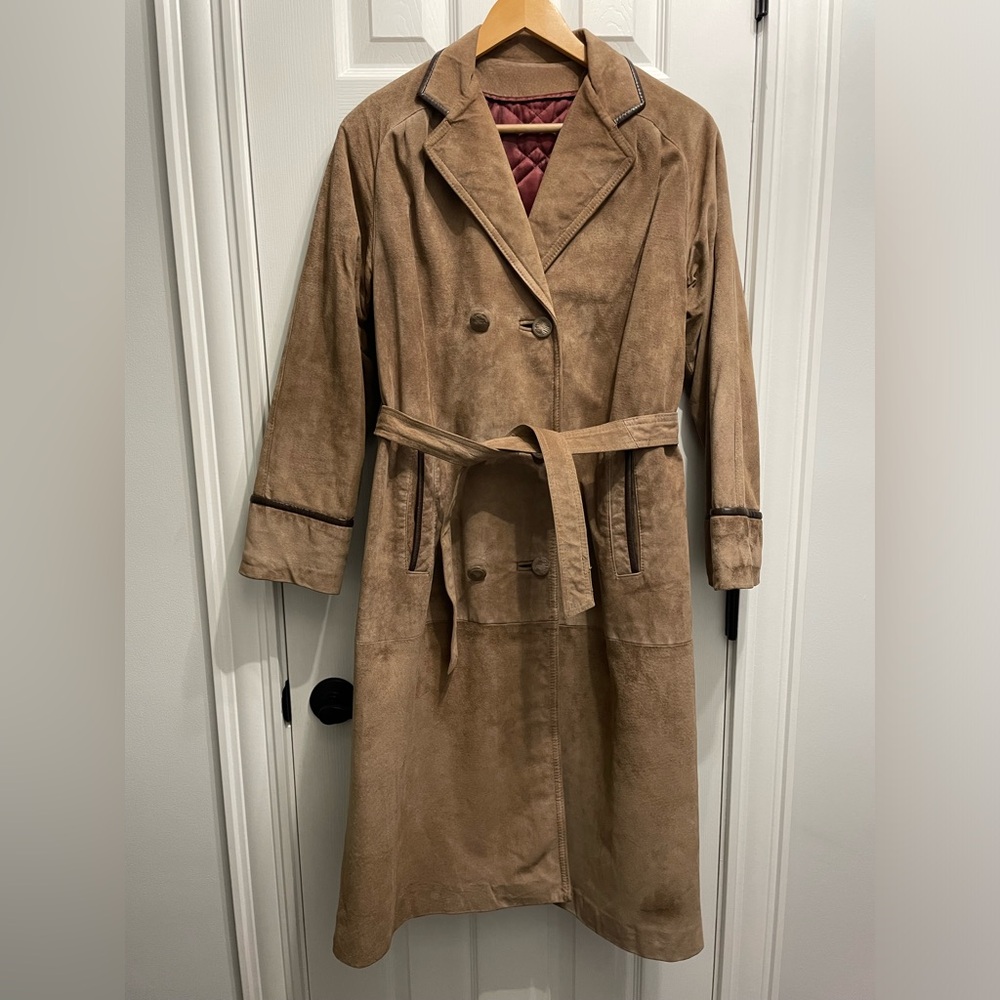Vintage SUEDE Trench Coat Women’s Sz 10 Jeno De Paris Belted Brown Western Boho